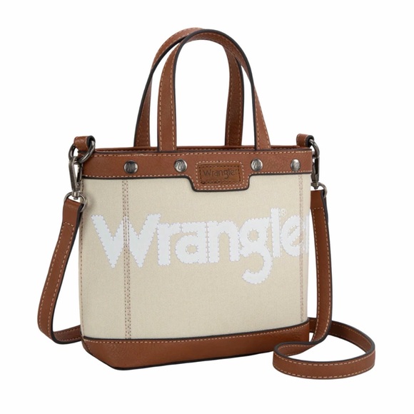 Wrangler Handbags - Wrangler Embossed Tan Canvas Mini Top Handle Crossbody Tote NWT